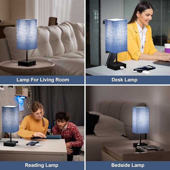 Touch Bedside Table Lamp for Bedroom, 14-Inch, Navy Blue Set of 2 | USB A+C Ports, Touch 3-Way Dimmable LED Bulb Included Fabric Lampshade Metal Base Small Nightstand Lamp for Desk Living Room