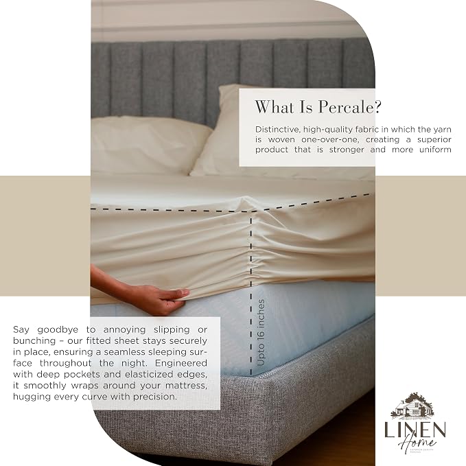 Linen Home 100% Cotton Percale Sheets California King Size, Light Taupe, Deep Pocket, 6 Pieces Set- 1 Flat, 1 Fitted and 4 Pillowcases, Crisp Cool and Long Staple Strong Bed Linen