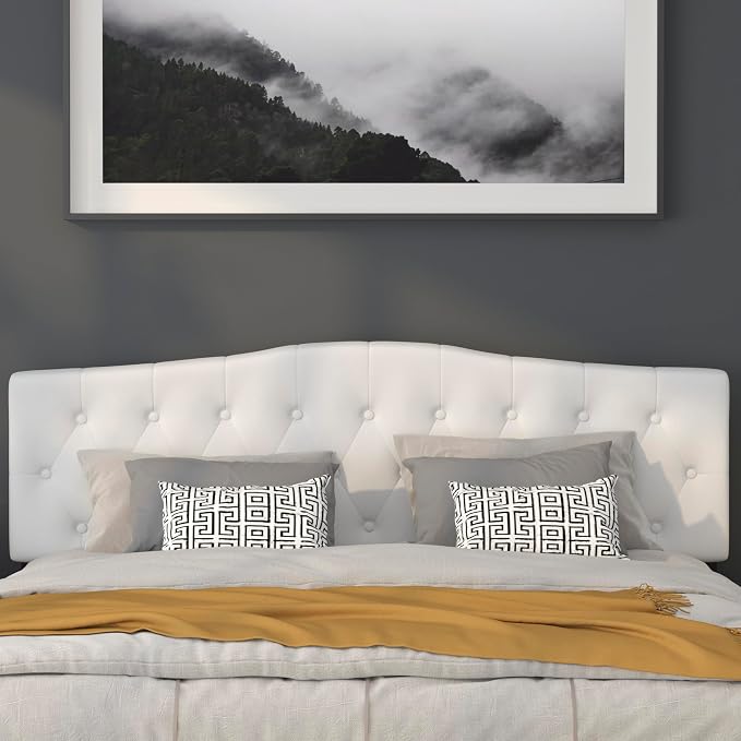 Flash Furniture Cambridge Button Tufted and Diamond Stitched Upholstered King Size Headboard in White Fabric