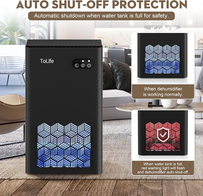 ToLife Dehumidifier, 1000 Sq Ft 95 oz Tank with Sleep Mode, Auto Shutoff | Portable for Home, Bedroom, Bathroom and Basement with 7-Color LED Light, Black