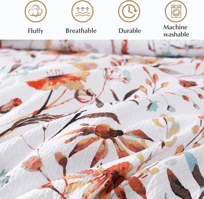 Queen Comforter Set - 7 Pieces Soft Floral Bed in a Bag Queen Bedding Sets | Terracotta Botanical Texture Flowers Comforter Set with Sheets, Pillowcases & Shams for All Seasons