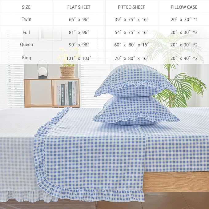 Gingham Queen Sheet Set, Lightweight Super Soft Brushed Microfiber Plaid Bed Sheets with 16" Deep Pocket, 4 Piece Ruffle Farmhouse Bedroom Decor, Blue