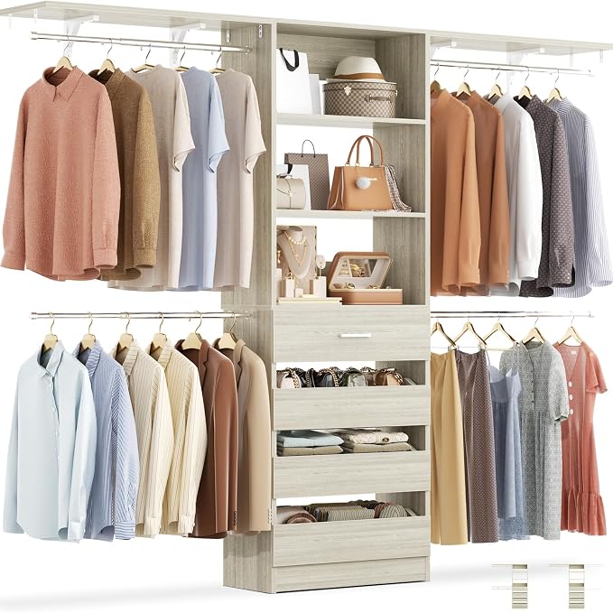 Aheaplus Closet System with 4 Drawers, 8FT Wood Closet Organizer System | 96" Closets Built In System Tower with Shelves & 4 Rods, Walk-in Closets Wardrobe Clothes Rack, Fits Spaces 4-9 ft, White Oak
