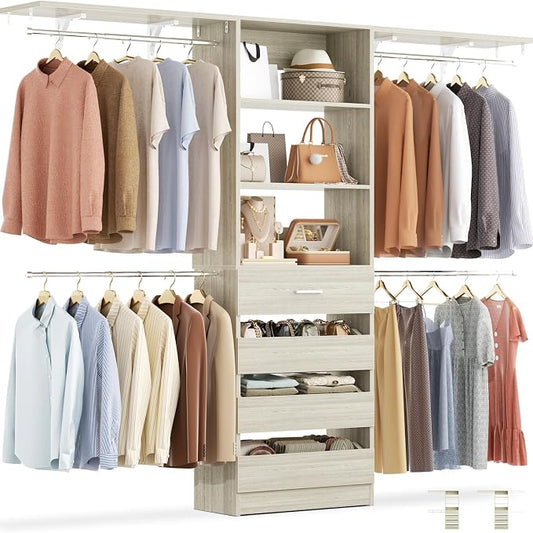 Aheaplus Closet System with 4 Drawers, 8FT Wood Closet Organizer System | 96" Closets Built In System Tower with Shelves & 4 Rods, Walk-in Closets Wardrobe Clothes Rack, Fits Spaces 4-9 ft, White Oak