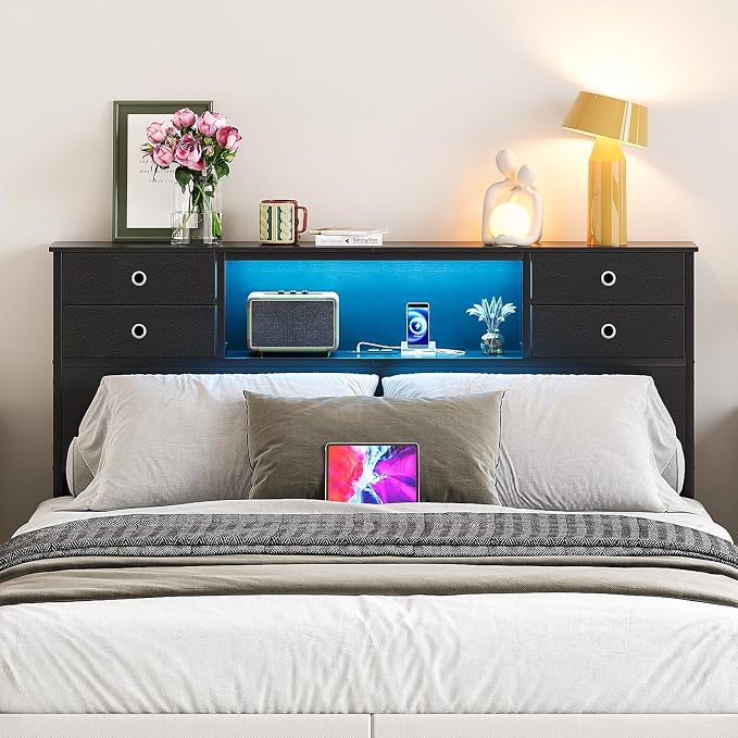 GiftGo Queen Size Headboard with 4 Fabric Storage Drawers Charging Station LED Light Adjustable Height Storage Rack Sturdy and Stable Metal Frame & Wood Shelf (Black, Queen (U.S. Standard))