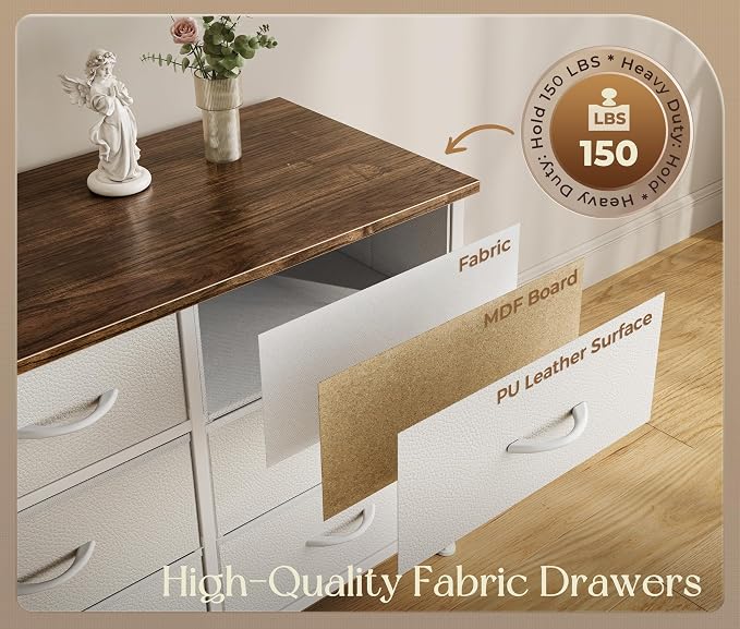 Huuger 77.6" Long Dresser for Bedroom, 16 Drawer Fabric Dresser for Closet, Wide Chest of Drawers with Storage, TV Stand for 65, 75, 85 Inch TV, 77.6" W x 13" D x 26.4" H, Farmhouse White