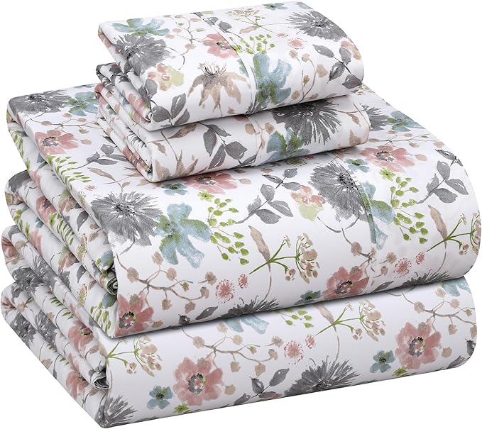 RUVANTI 100% Cotton Percale Sheets King Size, Dandelion Field | Crisp Cooling, Deep Pocket 16", Soft Breathable & Durable, Hotel-Style, 4 Piece Set