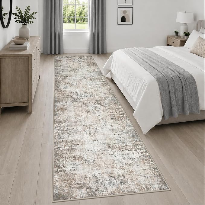 2.6x14 Washable Runner Rug:Modern Abstract Indoor Soft Carpet Brown | For Hallway, Bedroom, Kitchen, Laundry, Bathroom,Door Mat,Modern Abstract,Machine washable,Non-Slip,Stain Resistant,Indoor