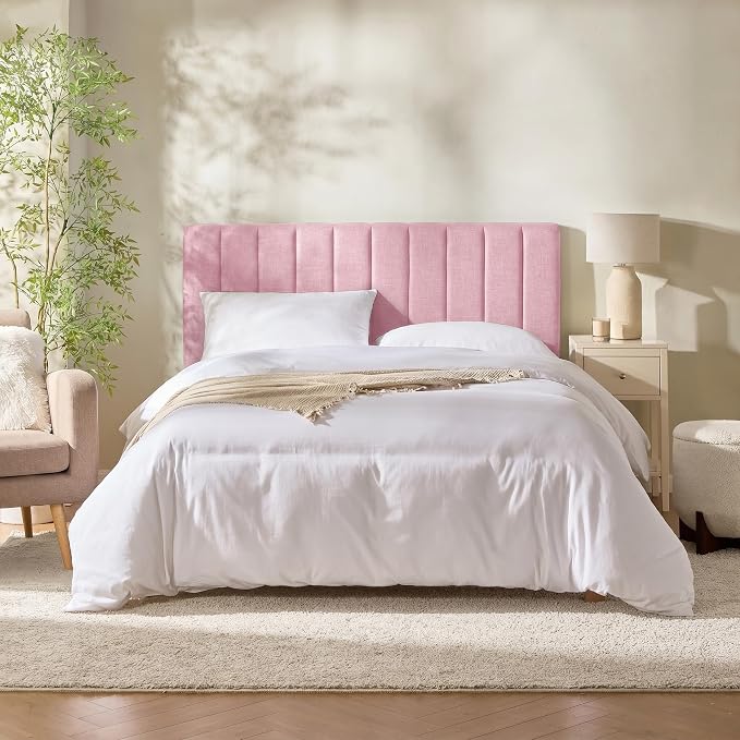 Hearth & Harbor Wall Mounted Queen Headboard Only, Bed Headboard Queen Size | Easy Assemble, Floating Peel and Stick, Upholstered, Channel Stitched, 3D Wall Panels, 5 Strips of 3M Tape Included, Pink