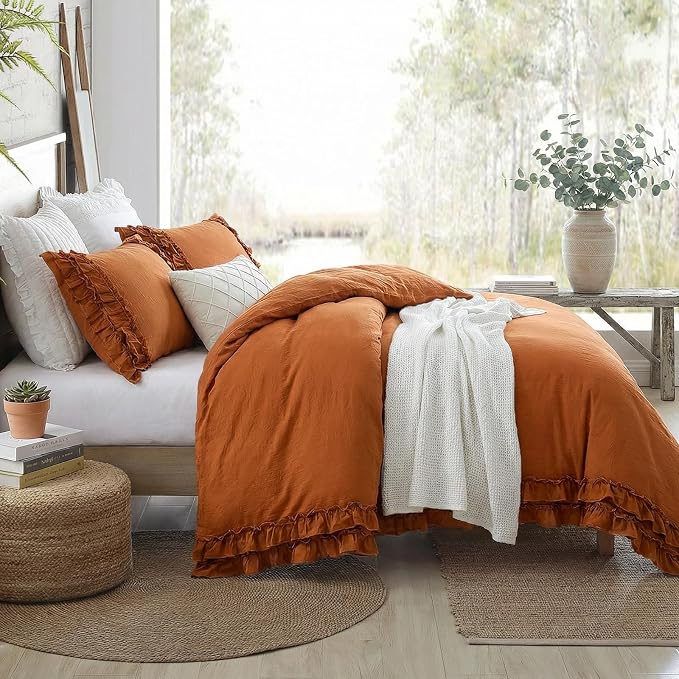 Bedorm Ruffled Queen Duvet Cover Burnt Orange Bedding Set Rust Lace Ruffle Boho Chic Bedroom Decor Super Soft Breathable Pumpkin Duvet Cover Set French Country Style