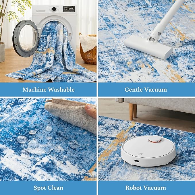 Rugflix 8x10 Area Rugs for Living Room, Washable Sky Blue Gold Large Rug | Machine Washable; Stain-Resistant; Low Pile; Non-Slip; Modern Abstract; Carpet for Bedroom Dining Office Nursery Home