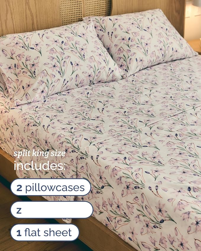 Split King 5 Piece Floral Sheet Set - Soft, Breathable & Cooling - Iris | 1 Flat, 2 Fitted & 2 Pillowcases w/ Deep Pockets, Boho Botanical Floral Bedding, Breathable & Cooling, Wrinkle & Fade Free