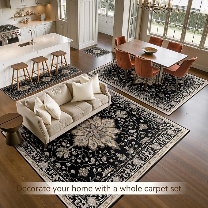 RELEANY Washable Area Rug, 6'x9', Black/Neutral | Non-Slip, Water Repellent, Pet Friendly, Easy to Clean, Vintage Floral Boho Decor for Living Room Bedroom Dining Room Office