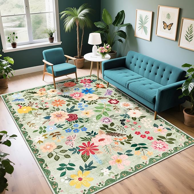 PLHXFR 6x9 Area Rug Living Room: Floral Washable Boho Soft Carpet Green | For Bedroom Dining Room Farmhouse Nursery Hallway,Vintage Floral,Machine washable,Non Slip,Stain Resistant,Large Indoor