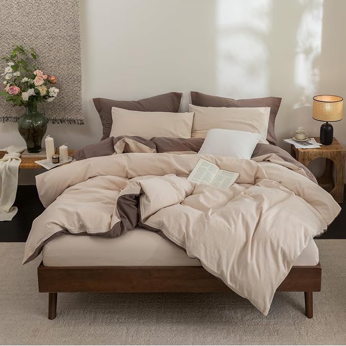 BDEAR 3Pcs Reversible Duvet Cover Set Super Queen Size,Brown and Beige | 100% Washed Cotton, 1 Duvet Cover with 2 Pillowcases, Zipper Closure, OEKO TEX Standard,8 Corner Ties,Linen-Liked Texture