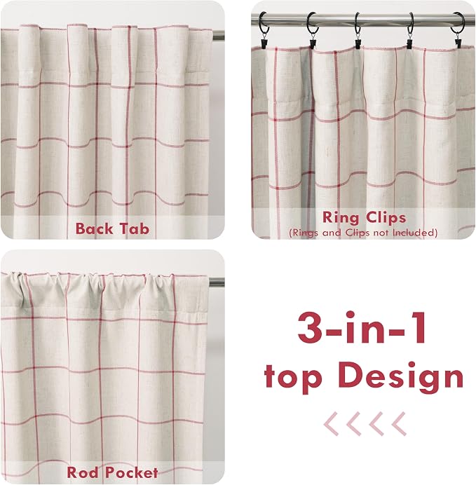 DriftAway 100% Blackout Plaid Linen Curtains 90 Inches Long 2 Panels Red | 100% Blackout, Linen Texture, Plaid Pattern, Two Layers, Rod Pocket & Back Tab, Bedroom Living Room Use, Luxury Appearance