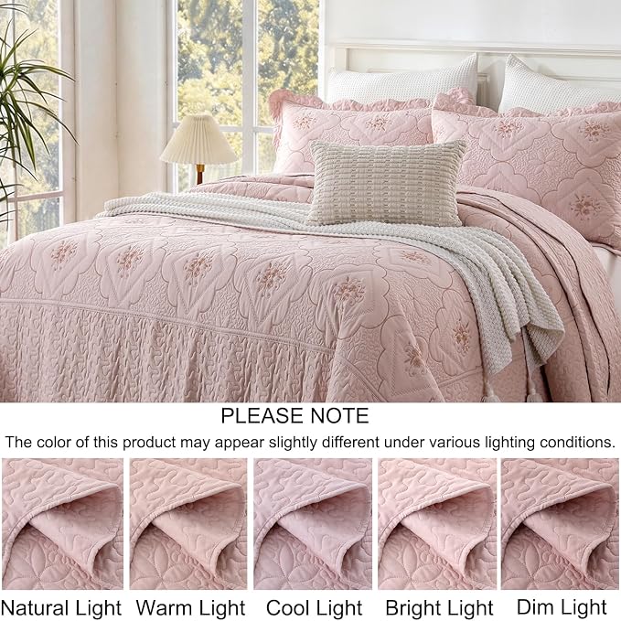 Cmfshape Oversized Floral Embroidery Quilt Set,3 Pieces Super King Quilt Bedding Set,Classic Diamond Pattern Quilt,Ultra Soft Lightweight Reversible Bedspread Coverlet for All Season(Pink,120"x120")