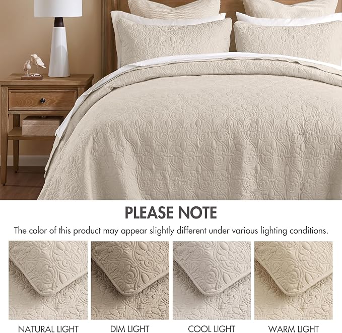 Madison Park Quebec Full Size Quilt Bedding Set - Ivory , Damask – 3 Piece Bedding Quilt Coverlets – Ultra Soft Microfiber Bed Quilts Quilted Coverlet | All Season Quilted Coverlet, Classic Stitch Pattern Bedspread & Shams, Ultra Soft Microfiber Bedspr...