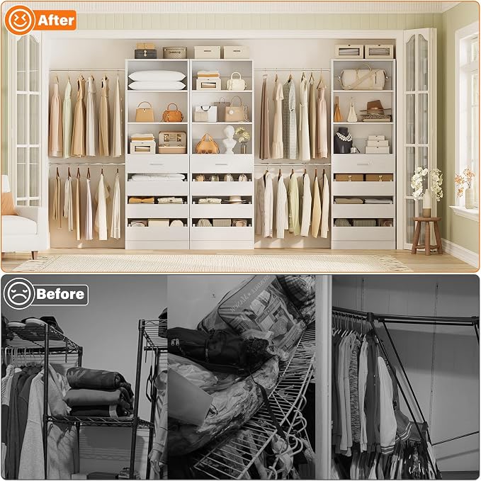 Aheaplus Closet System with 12 Drawers, 8.5-11.5Ft Wood Closet Organizer | White Closet Storage with 4 Hanging Rods & 3 Towers, 4Ft & 6Ft L-Shaped Walk-in Closets Wardrobe Organizer, Set of 3