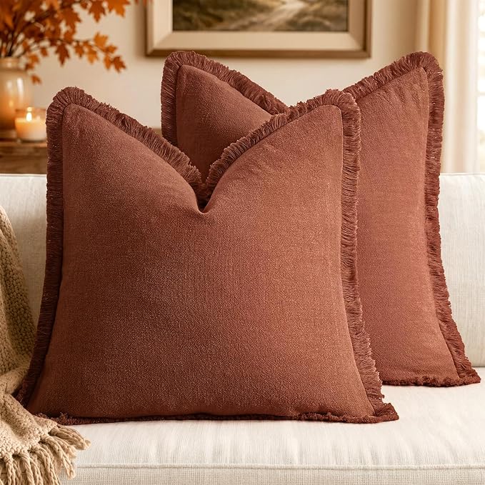 MIULEE Linen Fringe Decorative Fall Throw Pillow Covers Late Autumn 18x18 | Set of 2, Cottagecore Decor, Boho Farmhouse Neutral Pillow Covers, Rustic Fall Couch Cushion Cases for Sofa Bed Living Room