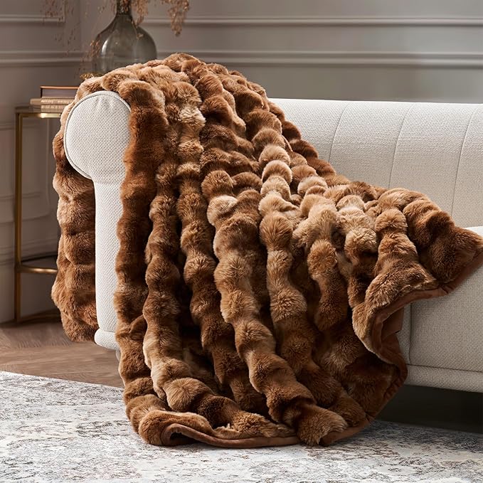 EverGrace Faux Rabbit Fur Bubble Throw Blanket, 60"x80", Lion Caramel | Ultra Soft, Luxury Faux Rabbit Fur Throw, Thick Warm Bubble Blanket, Cozy Fluffy Reversible, for Bed, Couch, Chair, Sofa