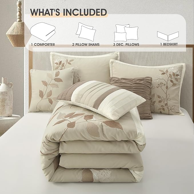 Beige King Comforter Set, 7 Pieces Bed in a Bag, Elegant Floral Leaves Embroidery, Soft and Lightweight All Seasons Bedding Set, Bedskirt, Pillow Shams, Decor Pillows