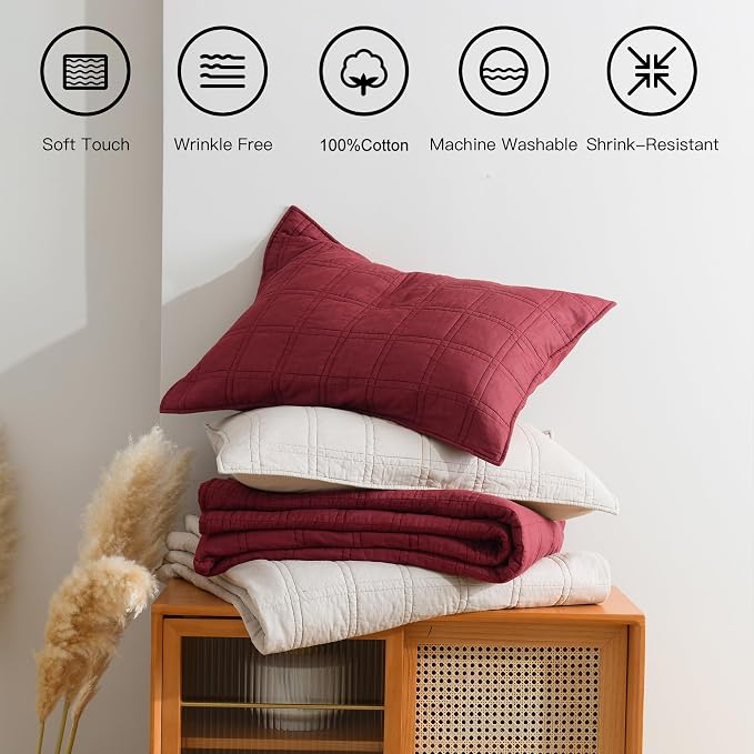 HORIMOTE HOME 100% Cotton Quilt Set Queen Size, Burgundy Pre-Washed Bedspreads Coverlet Set in Geometric Pattern, Cozy Lightweight Stitching Decorative Bedding Cover with 2 Shams for All Season