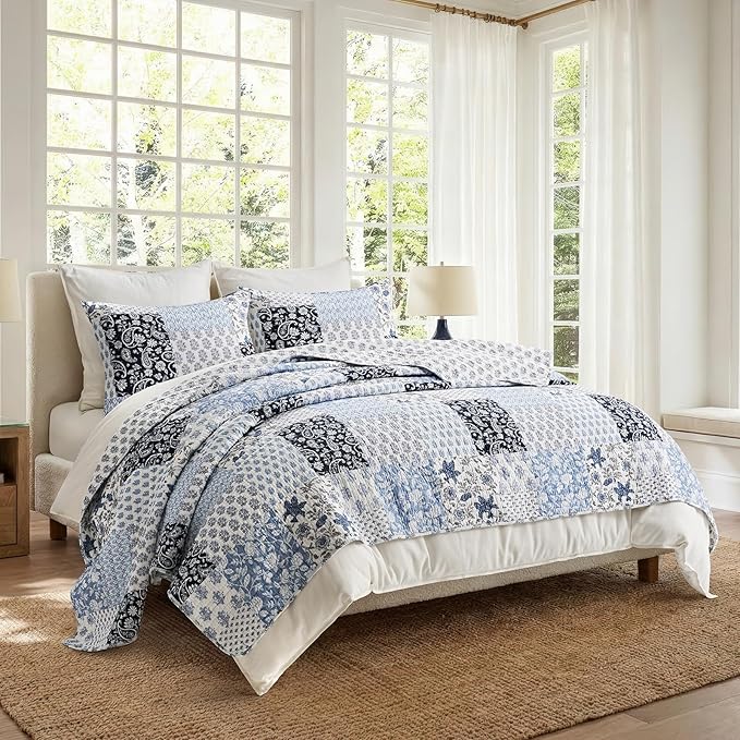 EverGrace 100% Cotton Patchwork Quilt Set, Queen Size, Coastal Blue 96"×92" | Reversible Lightweight Bedspread Coverlet, Printed Patchwork Bedding Set, Traditional Block Print Quilt with 2 Pillow Shams