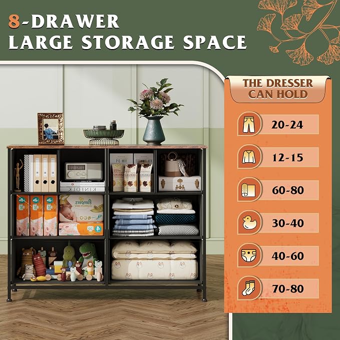 WLIVE Wide Dresser for Bedroom, 8 Drawer Chest of Drawers, Floral | 8 roomy fabric drawers, Wide storage design, Bedroom or closet use, Sturdy steel frame, Smooth wood tabletop