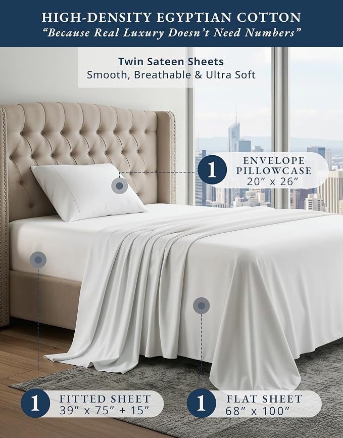 LANE LINEN Twin Sheets 100% Egyptian Cotton Sateen - White | Twin Bed Sheets - 3-Piece Set, Ideal For Dorms And Guest Beds, For Guests And Everyday Use, Silky Hotel-Style Drape