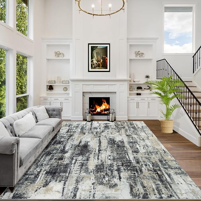 5x7 Area Rugs for Living Room: Washable Abstract Black Grey Gold Carpet | Non-slip TPE backing makes this washable soft low-pile rug safe & durable, Pet-friendly decor for dining room,nursery,office
