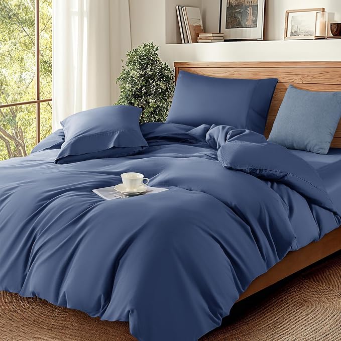 DEITAS 100% Cotton Queen Duvet Covers 3 Piece, 1200 Thread Count | Luxury Egyptian Cotton Comforter Cover With Zipper Closure, Ultra Cooling Breathable, Hotel Bedding Duvet Covers, Navy Blue