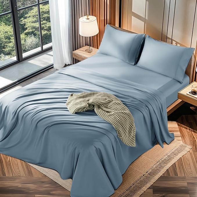 LBRO2M 100% Egyptian Cotton Sheets 1200 TC, Deep Pocket 16", 4Pcs, Queen | Long Staple Cotton Bed Sheets, Extra Soft and Breathable Sheets, Cozy for All Seasons, French Blue