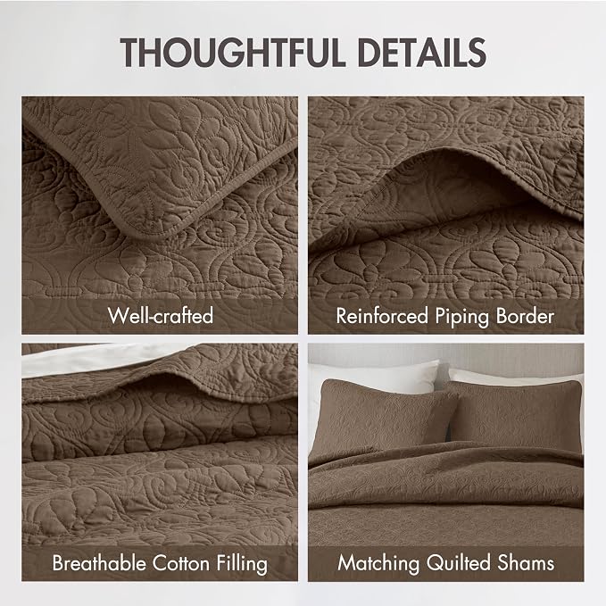 Madison Park Luxurious Cotton Damask Quilt Set, 3PC King/Cal King Bed Set | All Season, Lightweight Stitching Coverlet Bedspread Bedding Stitching with Shams, Mocha