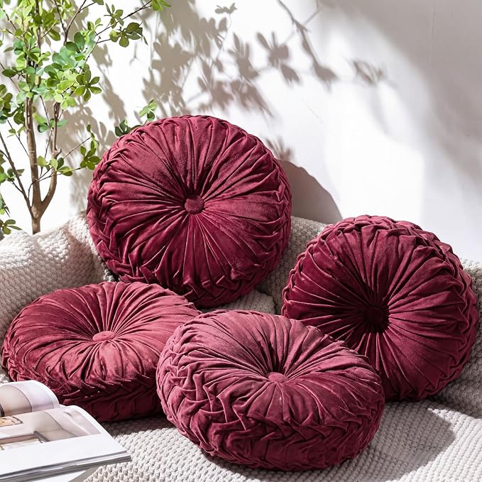 Kathfly 4 Pcs Decorative Round Pleated Throw Pillows, Classy Velvet Pumpkin Round Throw Pillows, Decorative Floor Pillow for Bed Chair Home Sofa Decor, 14" Diameter (Burgundy)