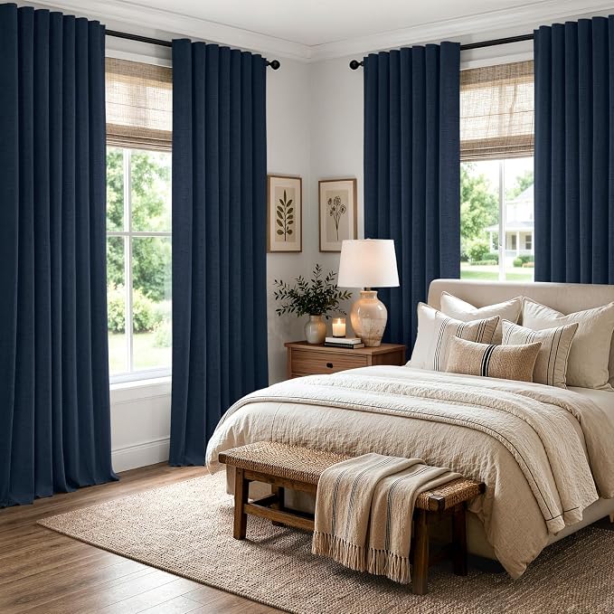 MIULEE 100% Blackout Linen Curtains 42 x 90 Inch Midnight Blue 2 Panels | Thermal Insulated, Room Darkening Drapes for Bedroom Living Room, Back Tab Rod Pocket Pinch Pleated, Solid Luxury Decor