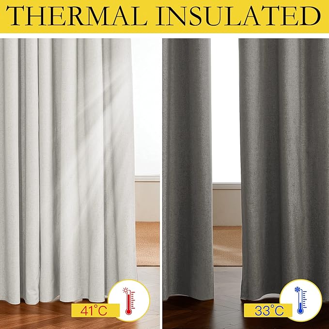 NICETOWN Ivory Blackout Curtains for Classroom 52" Wide x 95" Long 2 Panels | Absolutely Room Darkening Linen Curtains Thermal Insulated White Coating, Noise Reducing Textured Linen Look Window Treatment