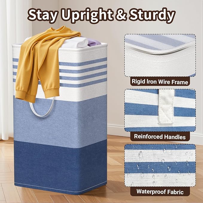 WOWBOX 2 Pack Laundry Baskets, Collapsible Dirty Clothes Laundry Hampers | with Reinforced Handles, Waterproof Coating, 2 Pack for Clean & Dirty Clothes, for Bedroom, Bathroom, Dorm (88L Blue)
