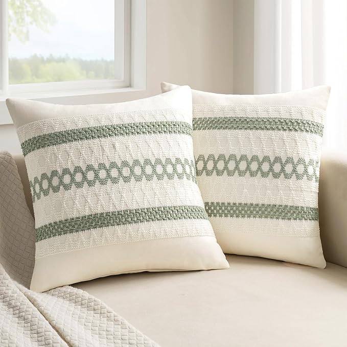 MIULEE Set of 2 Sage Green Boho Decorative Pillow Covers 26x26 Inch | Farmhouse Couch Throw Pillows, Modern Cotton Cushion Covers, Macrame Woven Spring Home Decor for Bed Sofa Chair