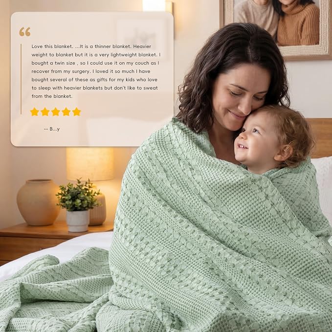 PHF Lightweight 100% Cotton Waffle Blanket for Bed, Twin XL, Mint Green | Pre-Washed Soft Cotton Comfort, Breathable Layering Warmth for Fall & Winter, Couch & Guest Room, Couch, Home Decor & Gifts