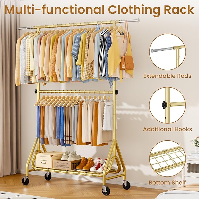 Heavy Duty Clothes Rack for Hanging Clothes, Double Rods Clothing Rack with Lockable Wheels, Rolling Garment Racks with Shelf, Easy to Assemble, Gold