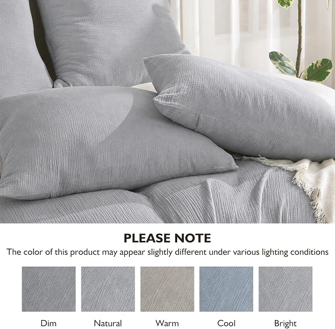 EMME Cotton Muslin Duvet Cover Set Twin Size Linen Like Soft Breathable Lightweight Summer Comforter Cover Set with Zipper Closure (Light Grey&White, Twin, 68"x90")