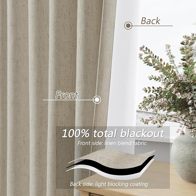Extra Long 100% Blackout Linen Curtains for Bedroom 120 inches Long, Thermal Insulated Room Darkening Black Out Drapes for Living Room, Back Tab Rod Pocket 2 Panels Set,Ecru,52x120