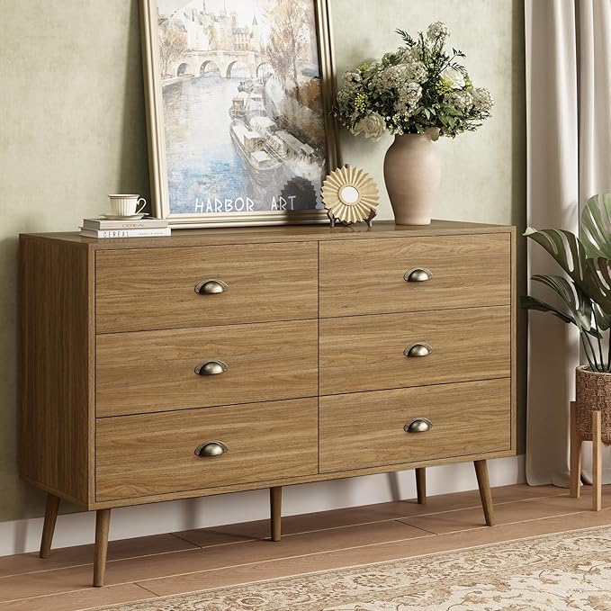 Oak 6 Drawer Dresser for Bedroom, 47" Wood Dresser with Gold Handles. | Modern Dressers & Chests of Drawers for Living Room, Hallway, Entryway.