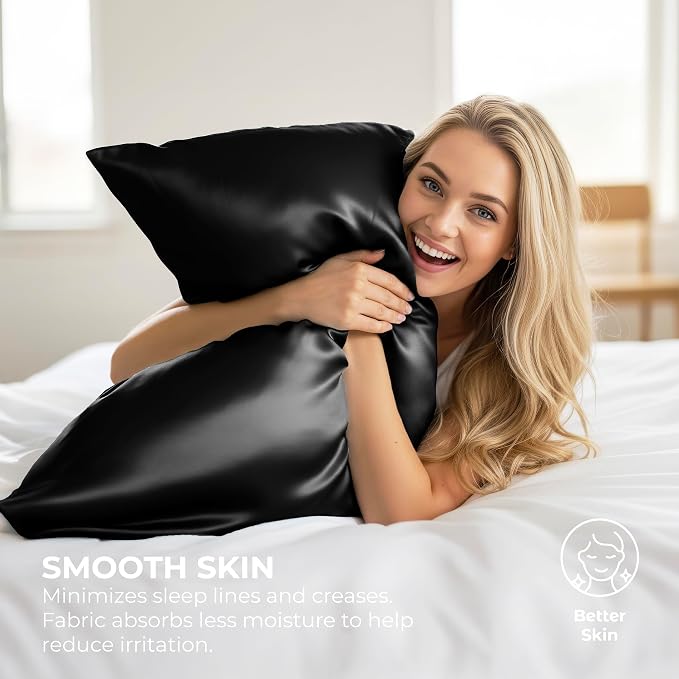 Pure Bedding Satin Pillowcase 2 Pack - King Size (20"x40", Black) - Silky Pillow Cases for Hair and Skin - Satin Pillow Covers with Envelope Closure - Extra Soft Premium Microfiber