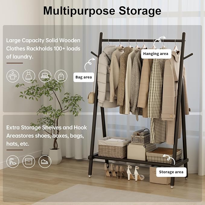 Muwuele Solid Wood Clothing Rack, Rolling Clothes Rack for Hanging Clothes, Garment Rack with Shelves Load 350 Lbs, Portable Closet Organizer on Wheels for Hanging Clothes (Black)