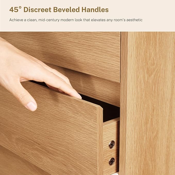 TEENFON 55" Dresser for Bedroom with 6 Drawers, Dressers & Chests of Drawers with Curved Profile Design, 6 Drawer Dresser, Bedroom Dressers, Wood Dressers for Bedroom, Hallway, Natural