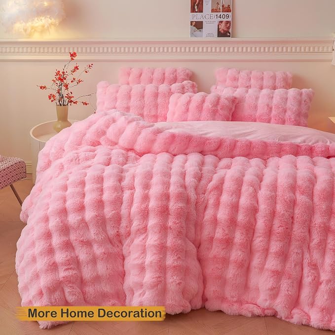 LIFEREVO Fluffy Faux Rabbit Fur Body Pillow Cover 20"x54", Pink | Soft Bubble Shaggy Bed Pillowcase with Zipper Closure, Long Plush Furry Pillow Case for Bedroom Pregnant Women Side Sleeper