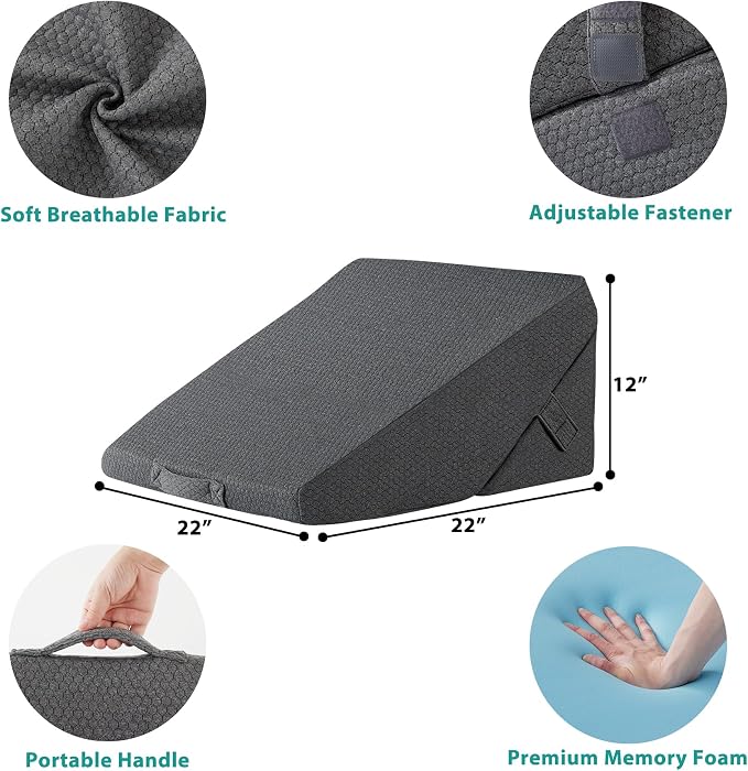 Wedge Pillow for Sleeping, Adjustable 9&12 Inch Foldable Bed Wedge Pillow Set, Orthopedic Memory Foam Triangle Pillows Wedge, 7-in-1 Elevated Pillows for Leg and Back Support, Dark Grey