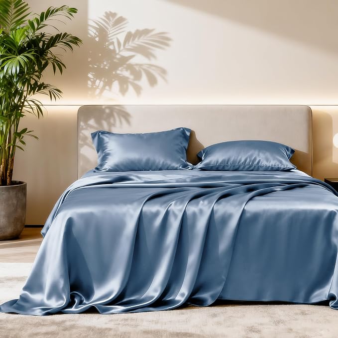 Love's cabin Full Size Satin Sheet Sets - 4 Piece Ash Blue Silky Sheet Set Full with Deep Pocket, Luxury Silk Feel Bed Sheets Full Bedding Set (1 Flat Sheet,1 Fitted Sheet,2 Pillow Cases)